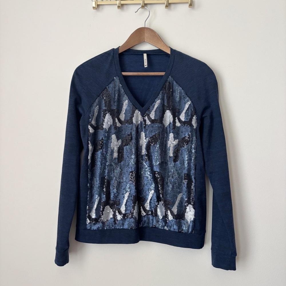 Indies French Luxe Blue Sequin Embellished Knit Top Sz 36 XS